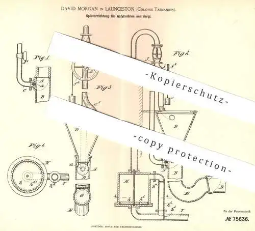 original Patent - David Morgan , Launceston , Kolonie Tasmanien , 1893 , Spülung für Abfallröhren | Wasser , Abwasser !!