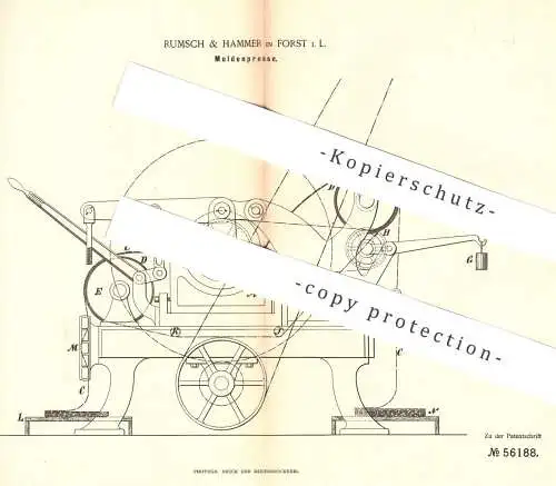 original Patent - Rumsch & Hammer , Forst , 1890 , Muldenpresse | Presse | Tuch , Walze | Stoff , Gewebe | Pressen !!