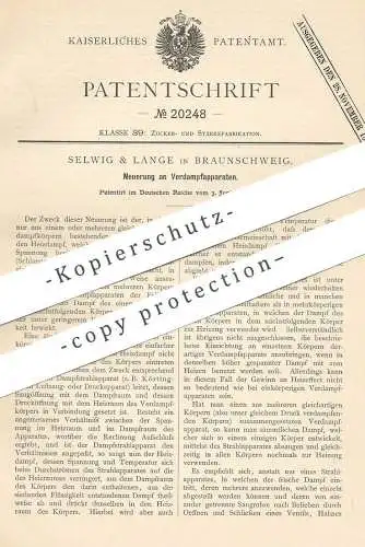 original Patent - Selwig & Lange , Braunschweig , 1882 , Verdampfapparat | Verdampfer | Zucker , Zuckerfabrik | Dampf !!