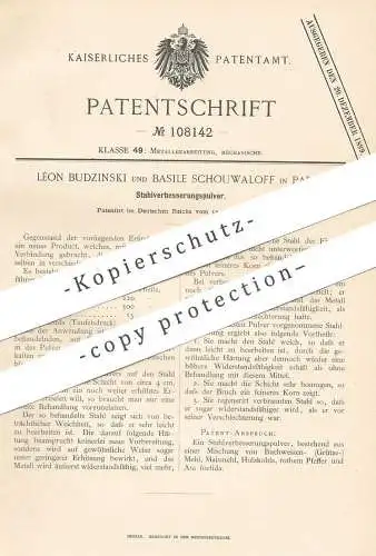 original Patent - Léon Budzinski , Basile Schwouwaloff , Berlin 1898 , Stahlverbesserungspulver | Stahl , Eisen , Metall