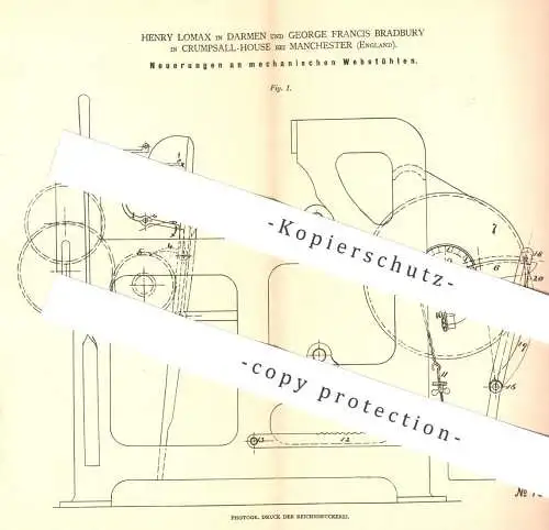 original Patent - Henry Lomax , Darmen | George Francis Bradbury , Crumpsall House / Manchester England | mech. Webstuhl