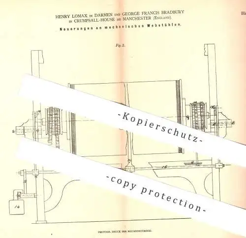 original Patent - Henry Lomax , Darmen | George Francis Bradbury , Crumpsall House / Manchester England | mech. Webstuhl