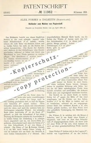 original Patent - Alex. Forbes , Dalkeith , Schottland , 1880 , Holländer zum Mahlen von Papierstoff | Papier | Stoff