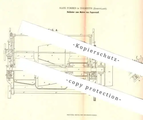 original Patent - Alex. Forbes , Dalkeith , Schottland , 1880 , Holländer zum Mahlen von Papierstoff | Papier | Stoff