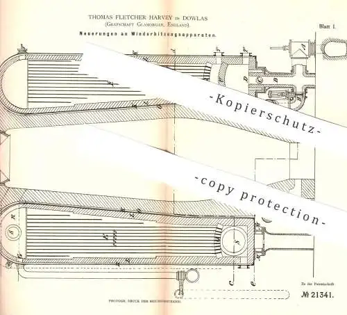 original Patent - Thomas Fletcher Harvey , Dowlas , Glamorgan / Cardiff , England , 1882 , Winderhitzungsapparat | Eisen