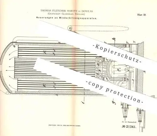 original Patent - Thomas Fletcher Harvey , Dowlas , Glamorgan / Cardiff , England , 1882 , Winderhitzungsapparat | Eisen