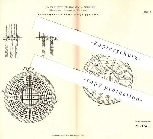 original Patent - Thomas Fletcher Harvey , Dowlas , Glamorgan / Cardiff , England , 1882 , Winderhitzungsapparat | Eisen