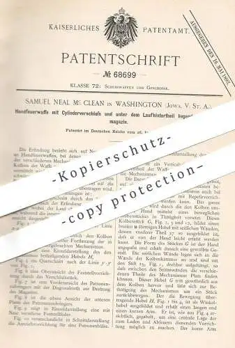 original Patent - Samuel Neal Mc Clean , Washington , Iowa , USA , 1892 , Handfeuerwaffe mit Zylinderverschluss | Pistol