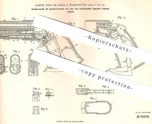 original Patent - Samuel Neal Mc Clean , Washington , Iowa , USA , 1892 , Handfeuerwaffe mit Zylinderverschluss | Pistol