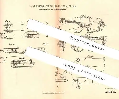 original Patent - Karl Friedrich Mannlicher , Wien , 1885 , Zylinderverschluss f. Schnelllader - Gewehr | Waffe , Pistol