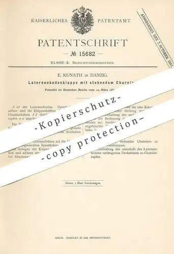 original Patent - E. Kunath , Danzig , 1881 , Laternenbodenklappe mit Scharnier | Laterne , Lampe , Lampen , Licht !!