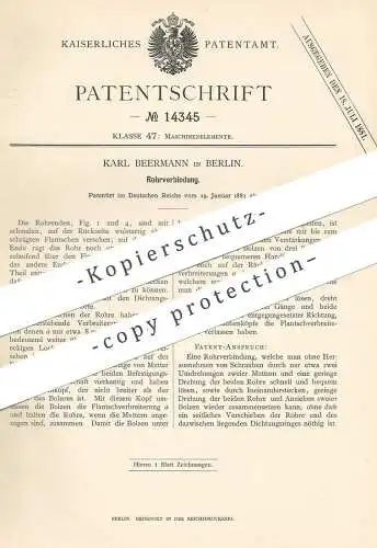 original Patent - Karl Beermann , Berlin 1881 , Rohrverbindung | Rohr Verbindung | Rohre , Röhren , Flantsch | Klempner