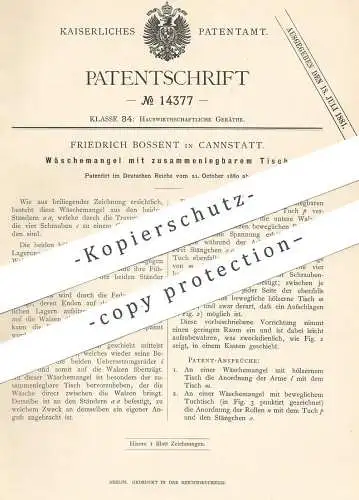 original Patent - Friedrich Bossent , Cannstatt , 1880 , Wäschemangel mit Tisch | Wäsche - Mangel | Wäscherei , Walzen