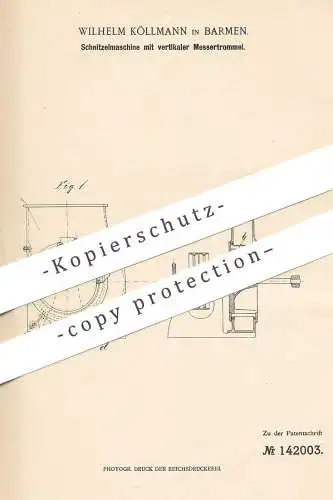 original Patent - Wilhelm Köllmann , Barmen , 1902 , Schnitzelmaschine mit vertikaler Messertrommel | Rüben , Zucker !!