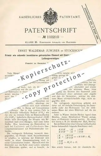 original Patent - Ernst Waldemar Jungner , Stockholm , primär & sekundär nutzbares galvanisches Element mit Elektrolyten