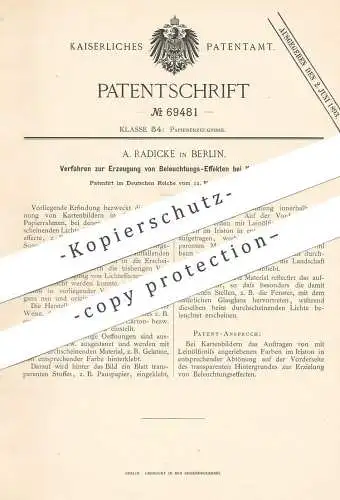 original Patent - A. Radicke , Berlin , 1892 , Erzeugung von Beleuchtungs-Effekten bei Karten , Bilder , Foto | Dia !!