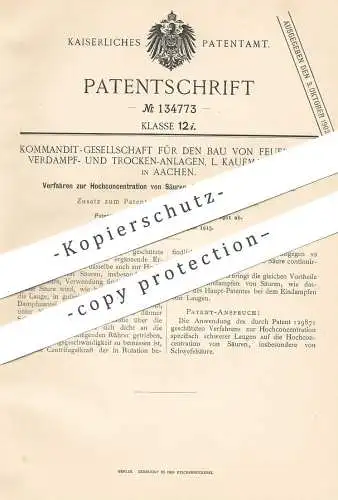 original Patent - Bau von Feuerungs-Verdampf- & Trockenanlagen KG , L. Kaufmann & Co. , Aachen , Konzentration von Säure