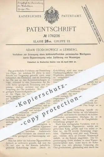 original Patent - Adam Teodorowicz , Lemberg 1904 , Mischgas durch Ölgaserzeugung unter Zuführung von Wassergas | Öl Gas