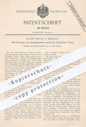 original Patent - Eugen Meyer , Breslau , 1896 , Herst. von Autograhien durch fettfreie Tinte | Autograph , Signatur !!!