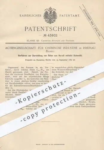 original Patent - AG für Chemische Industrie , Rheinau / Baden , 1887 , Reten aus Harzöl mittels Schwefel | Chemie | Öl