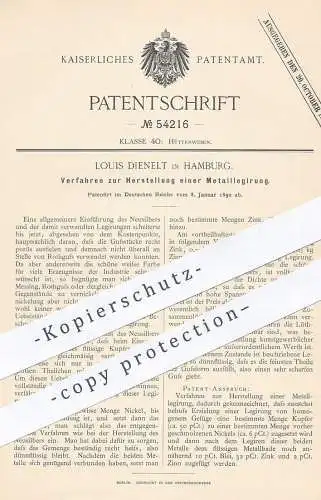 original Patent - Louis Dienelt , Hamburg 1890 , Metalllegierung | Metall - Legierung | Guss , Silber , Messing , Nickel