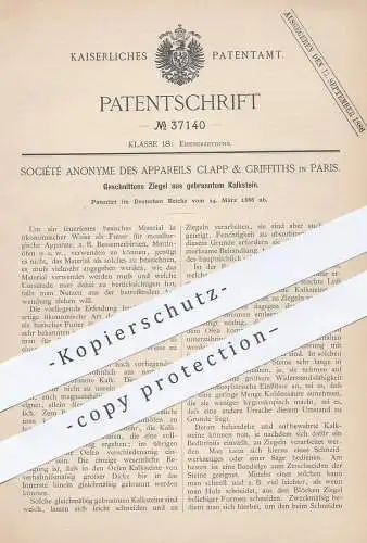 original Patent - Société Anonyme des Appareils Clapp & Griffiths , Paris , 1886 , Ziegel aus gebranntem Kalkstein !!