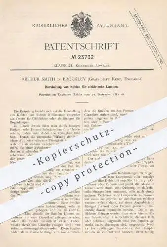 original Patent - Arthur Smith , Brockley , Kent , England , 1882 , Kohle für elektrische Lampe | Glühlampe , Licht !!!