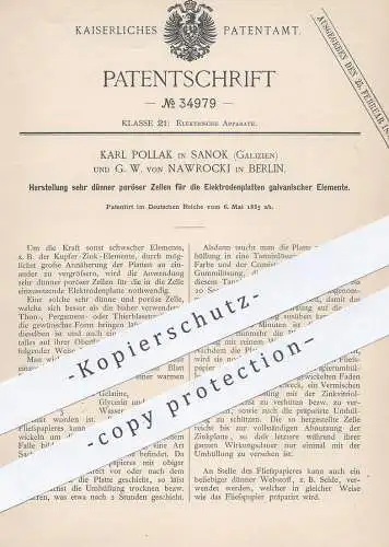 original Patent - Karl Pollak , Sanok / Galizien | G. W. von Nawrocki , Berlin , Zellen für Elektrodenplatte v. Batterie