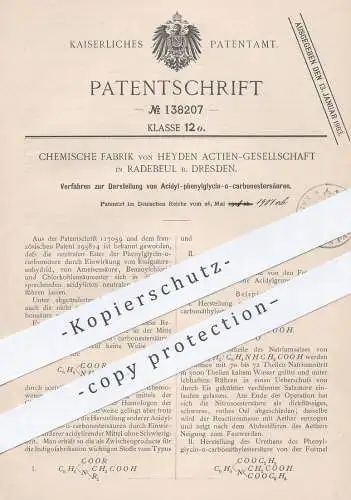 original Patent - Chemische Fabrik von Heyden AG , Radebeul / Dresden , 1901 , Acidyl-phenylglycin-o-carbonestersäure