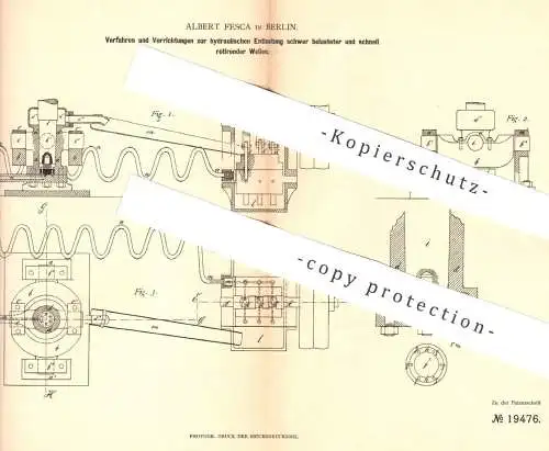 original Patent - Albert Fesca , Berlin 1882 , hydraulische Entlastung schnell rotierender Wellen | Hydraulik Zentrifuge