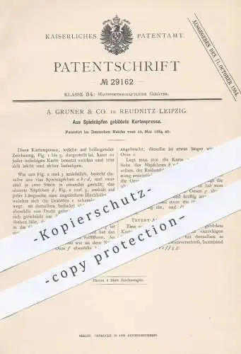 original Patent - A. Gruner & Co. , Leipzig / Reudnitz 1884 , Aus Spielnäpfen gebildete Kartenpresse | Presse für Karten