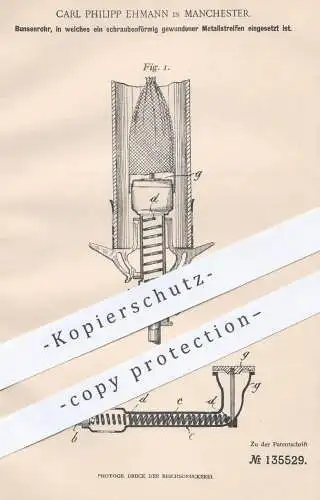 original Patent - Carl Philipp Ehmann , Manchester , 1901 , Bunsenrohr mit eingesetztem Metallstreifen | Bunsen Brenner