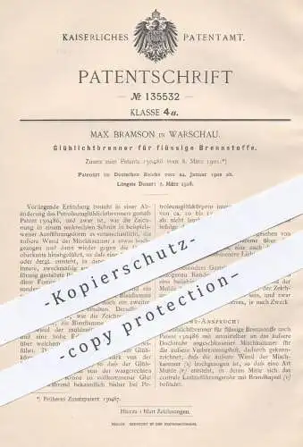 original Patent - Max Bramson , Warschau , 1902 , Glühlichtbrenner für flüssige Brennstoffe | Petroleum  Brenner | Lampe