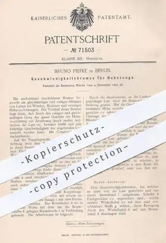 original Patent - Bruno Piefke , Berlin , 1892 , Geschwindigkeitsbremse für Hebezeuge | Bremse , Aufzug , Kran , Winde