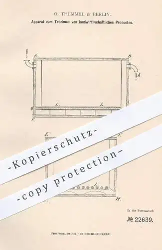 original Patent - O. Thümmel , Berlin , 1882 , Trocknen von Kartoffeln , Rüben , Getreide | Landwirtschaft , Drainage !!