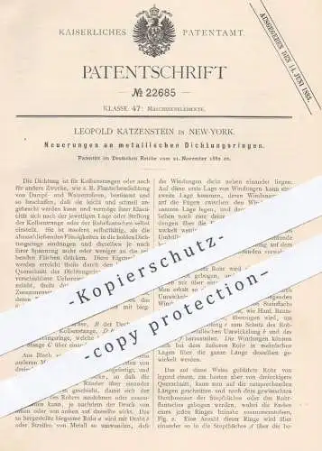 original Patent - Leopold Katzenstein , New York , 1882 , Dichtungsringe aus Metall | Dichtung für Kolbenstangen !!!