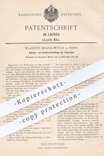 original Patent - Wladimir Brankowitch , Paris , 1901 , Antrieb u. Bremse für Fahrräder | Fahrrad , Bremsen , Kettenrad