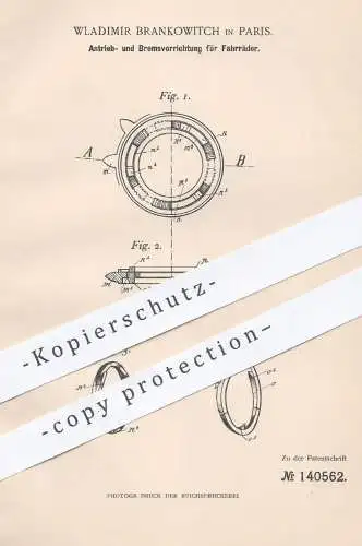 original Patent - Wladimir Brankowitch , Paris , 1901 , Antrieb u. Bremse für Fahrräder | Fahrrad , Bremsen , Kettenrad