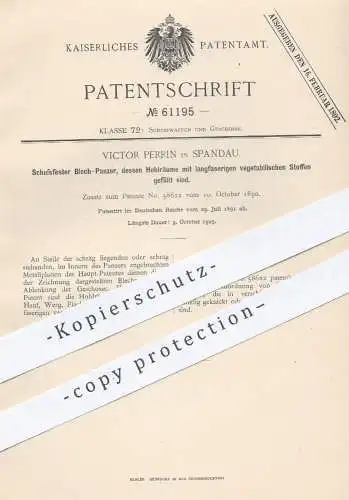 original Patent - Victor Perrin , Berlin / Spandau , 1891 , Schussfester Blech - Panzer | Waffen , Geschütz , Militär !!