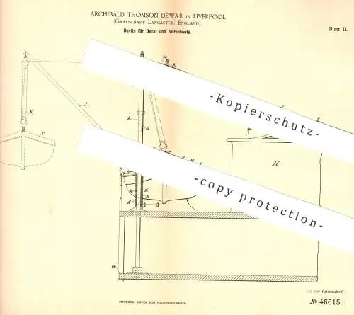 original Patent - Archibald Thomson Dewar , Liverpool , Lancaster England 1888 , Davit für Boot , Deckboot , Seitenboot