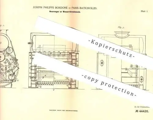 original Patent - Joseph Philippe Bordone , Paris / Batignolles , 1887 , Wasserröhrenkessel | Kessel , Dampfkessel !!!