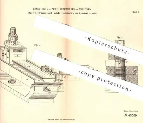 original Patent - Ernst Ruf , W. Kumpfmiller , München , 1887 , Doppelter Kreuzsupport | Reitstock , Metall , Werkzeug