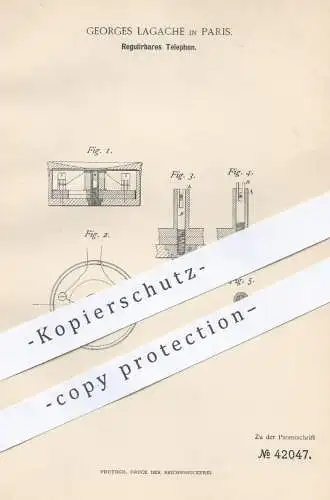 original Patent - Georges Lagache , Paris , 1887 , Regulierbares Telefon | Telefonie , Elektriker , Elektrik , Strom !!