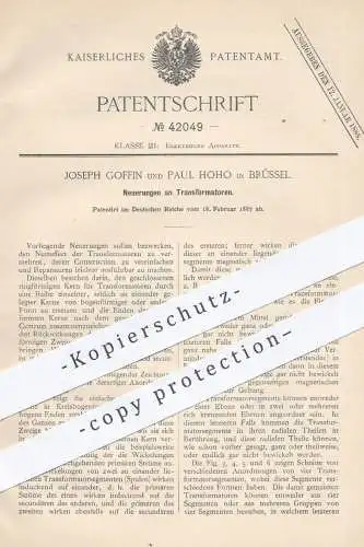 original Patent - Joseph Goffin , Paul Hoho , Brüssel , 1887 , Transformator | Transformatoren , Elektriker , Strom !!