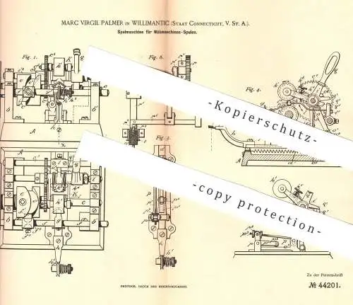 original Patent - Marc Virgil Palmer , Willimantic , Connecticut , USA , 1887 , Spulmaschine für Nähmaschinen - Spulen !