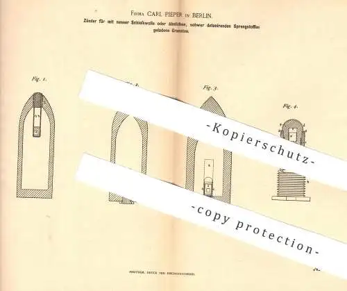 original Patent - Carl Pieper , Berlin , 1887 , Zünder für mit Sprengstoff geladene Granaten | Waffen , Geschosse !!