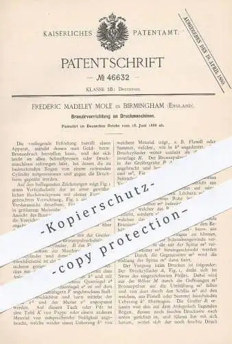 original Patent - Frederic Madeley Mole , Birmingham England 1888 , Druckmaschinen für Bronze- u. Gold - Druck | Presse