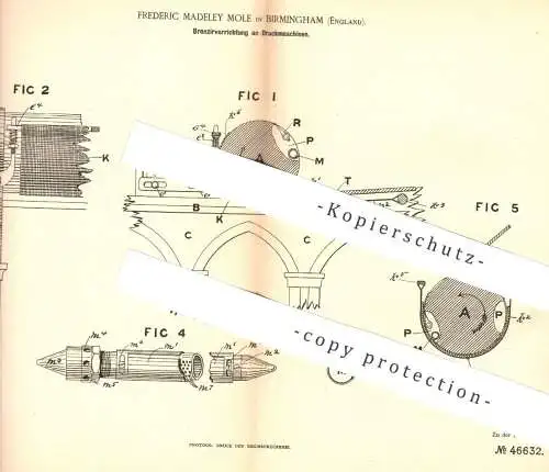 original Patent - Frederic Madeley Mole , Birmingham England 1888 , Druckmaschinen für Bronze- u. Gold - Druck | Presse