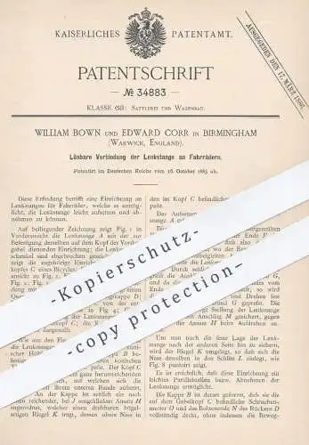 original Patent - William Brown , Edward Corr , Birmingham , Warwick , England , 1885 , Lenkstange am Fahrrad | Lenker