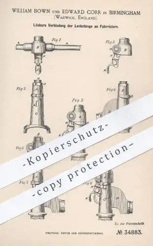 original Patent - William Brown , Edward Corr , Birmingham , Warwick , England , 1885 , Lenkstange am Fahrrad | Lenker